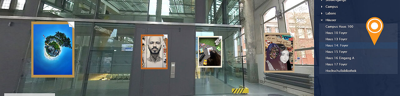 Virtuelle Ausstellung Collage aus Bildern verschiedener Portraits auf einem Bild des Foyers von Halle 14 auf dem Campus
