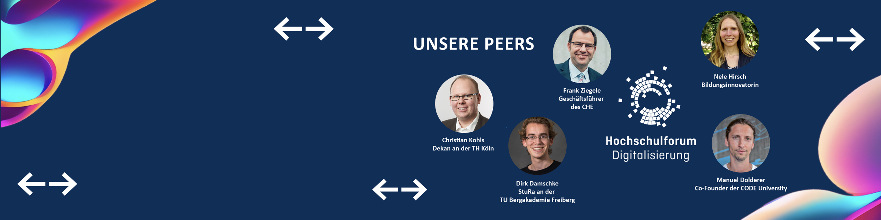 Grafik mit blauem Hintergrund und Portraitbildern verschiedener Personen und der Aufschrift "Unsere Peers"