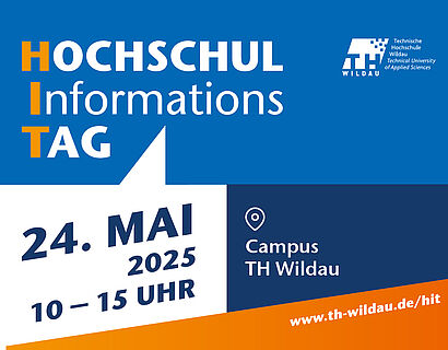 Blau-weiß-orangenes Plakat mit dem Schriftzug "Hochschulinformationstag", "24. Mai 2025, 10 bis 15 Uhr" und www.th-wildau.de.