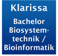 Weißer Schriftzug Bachelor Biosystemtechnik / Bioinformatik auf blauem Hintergrund