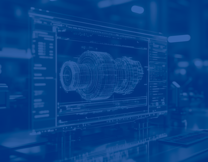 Blau eingefärbtes Bild, das auf einem Bildschirm die Grafik eines mechanischen Bauteils zeigt