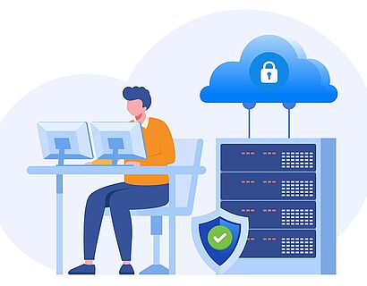 Grafik mit Person, die an einem Tisch mit zwei Monitoren sitzt und Icons zum Thema IT Sicherheit darum platziert sind