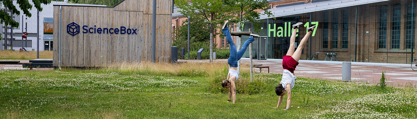 Zwei Studierende machen Handstand auf der Wiese vor Haus 16 auf dem Campus der TH Wildau