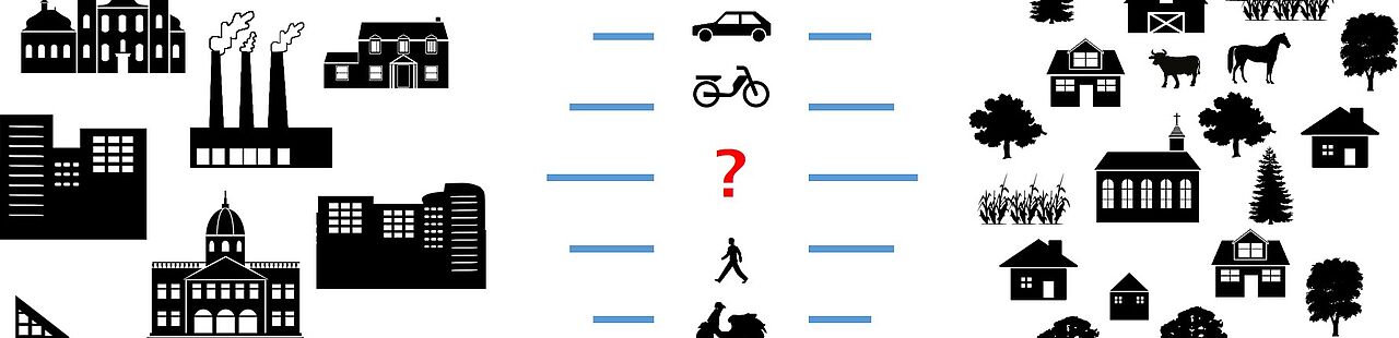 Eine Illustration, die eine nachhaltige und zukunftsorientierte Mobilität zwischen Stadt und Land darstellt. Auf der einen Seite sieht man eine pulsierende Stadt mit modernen Wolkenkratzern und elektrischen öffentlichen Verkehrsmitteln wie Straßenbahnen und E-Bussen. Auf der anderen Seite gibt es eine malerische ländliche Landschaft mit grünen Feldern, Windrädern und Sonnenkollektoren, die durch autonome Elektrofahrzeuge, Radwege und Wanderwege verbunden sind. Ein nahtloser Übergang zwischen Stadt und Land unterstreicht die Harmonie, da die Pendler umweltfreundliche Verkehrsmittel wie gemeinsam genutzte Elektroautos und Fahrräder nutzen. Die Atmosphäre ist sauber und hell und zeigt innovative Infrastruktur und Grün.