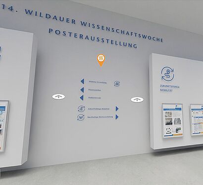 Raum der virtuellen Posterausstellung mit den Forschungsschwerpunkt-Icons der Hochschule