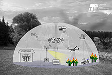 Collage aus Grafik zur Darstellung des Projekts ALARM und Waldbildes mit Rauchschwaden