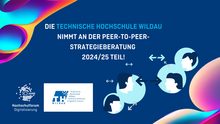 Grafik blau mit bunten Elementen und Logos von TH und HFD zur Teilnahme an der peer-to-peer-Strategieberatung