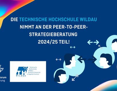 Grafik blau mit bunten Elementen und Logos von TH und HFD zur Teilnahme an der peer-to-peer-Strategieberatung