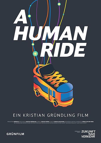 Filmplakatn zum Film A HUMAN RIDE mit schwarzen Hintergund und einem bunten Fahrzeug