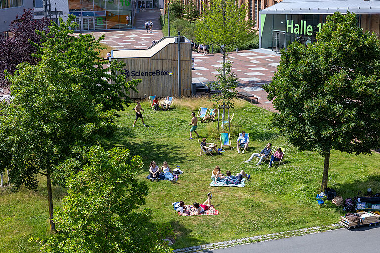 Studierende auf der Wiese auf dem Campus der TH Wildau