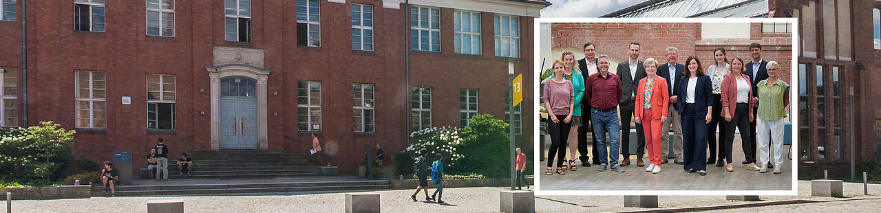 Collage aus Hintergrundbild von Haus 13 und Gruppenfoto des Präsidiums mit weißem Rahmen