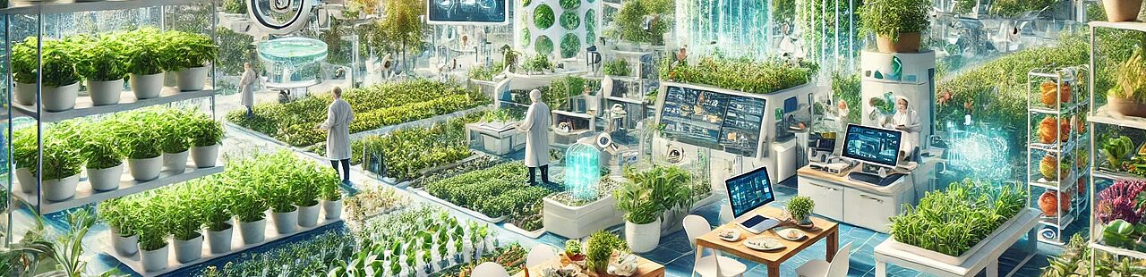 Das Bild zeigt eine futuristische Vision der Ernährung, und zeigt moderne Technologien wie Drohnen die Felder überwachen und pflecgen und wie die Essenszubereitung mit 3D-Druckern erfolgt.