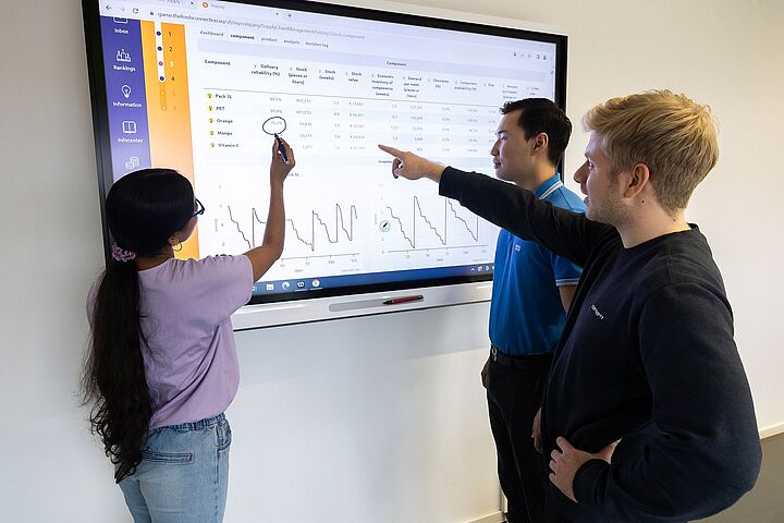 Studium Studierende vor einem Screen an der Wand