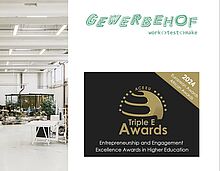 das Foto ist eine Collage aus dem Blick in die Präsenzstelle Luckwalde, sowie dessen Schriftzug "Gewerbehof - work test make" und des Logo des Triple E Awards