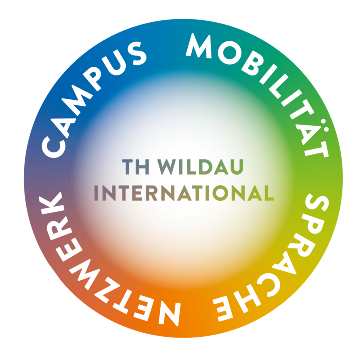 Kreis mit bunten Farben und Schlagwörtern zur Internationalisierungsstrategie