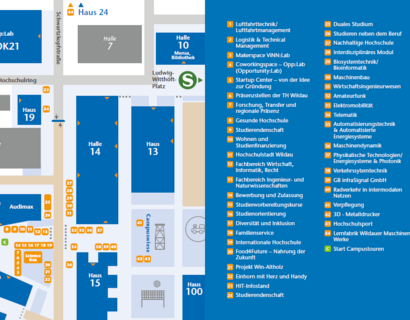 Standplan für den HIT 2024 mit Campusplan und Bezeichnungen der Stände in weißer Schrift auf blauem Hintergrund